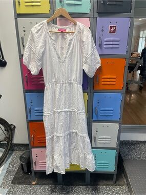 Betsy Johnson White Tiered V-Neck Cotton Dress, L